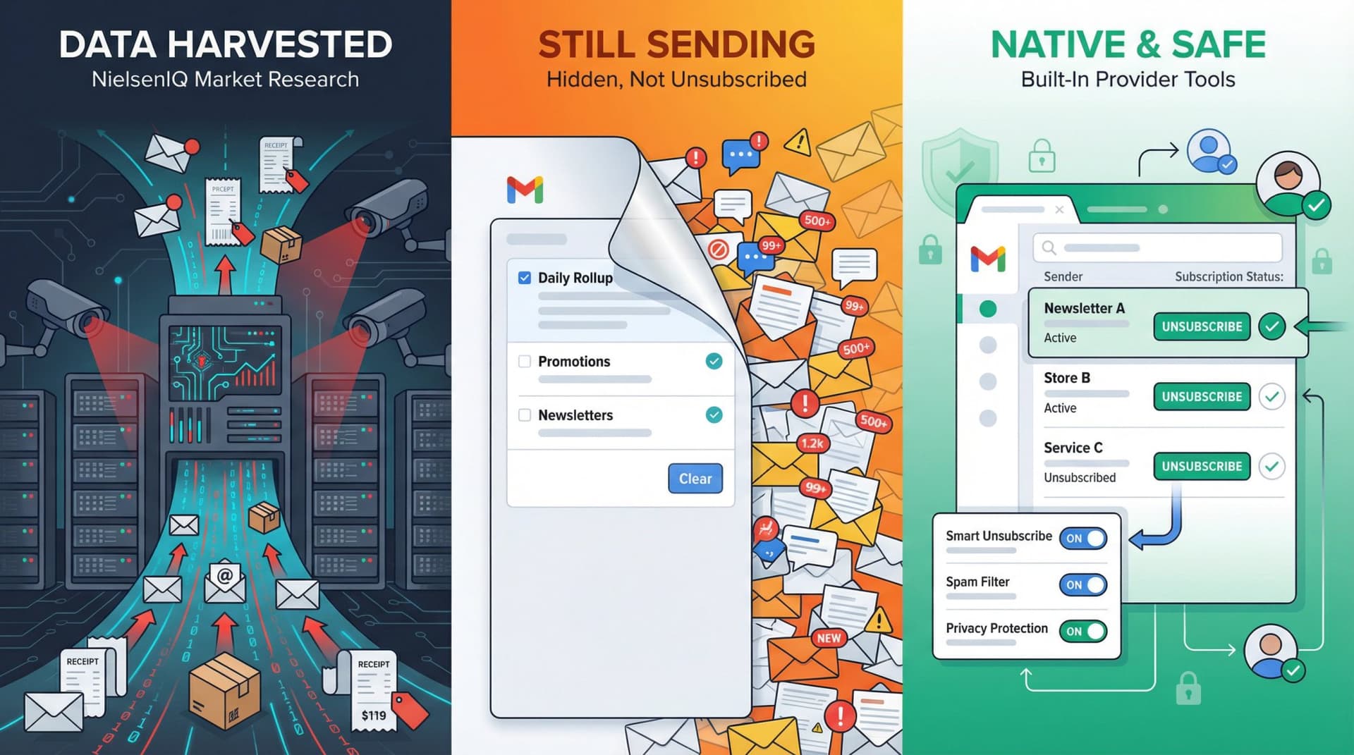 Three-panel editorial illustration showing Unroll.Me's data harvesting, hidden emails, and better native alternatives
